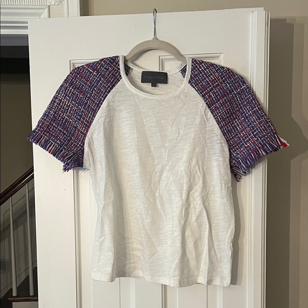 Anthropologie White Tee with Multicolor Tweed Sleeves. Size small